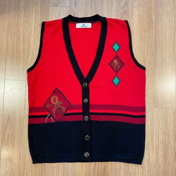 Vintage Holiday Sunflower Sweater Vest Red & Black - Picture 4 of 12